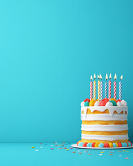 colorful birthday cake with candles on blue background