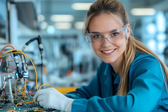 A Female Electronics Repair Technician, Fixing Intricate Circuits, Soldering Tools and Microchips in the Background