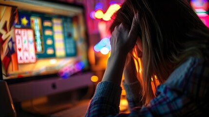 Obraz premium Young Caucasian Woman Feeling Stressed While Facing Computer Screen with Online Slot Games. Concept of Gambling Addiction, Digital Challenges, Emotional Strain