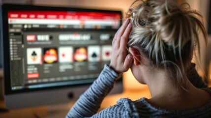 Fototapeta premium Young Caucasian Woman Feeling Stressed While Facing Computer Screen with Online Slot Games. Concept of Gambling Addiction, Digital Challenges, Emotional Strain