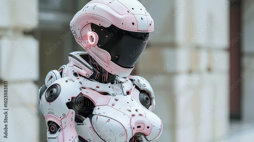 Poster robot with a pink helmet stands in front of a building. the robot is wearing a pink helmet and has a