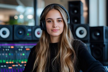 Naklejka premium A Female Sound Engineer, Adjusting Soundboards in a Professional Radio Studio, Surrounded by Modern Equipment