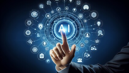 Hand touches a futuristic digital interface with "AI" at the center, surrounded by technology icons representing innovation.