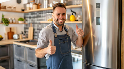 Smiling professional refrigerator repair technician giving thumb up in modern kitchen after successfully fixing refrigerator. Concept of home appliance repair, customer service, technical expertise