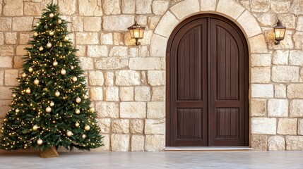 A charming old stone house reveals a beautifully decorated Christmas tree glowing warmly through its window on a peaceful winter night