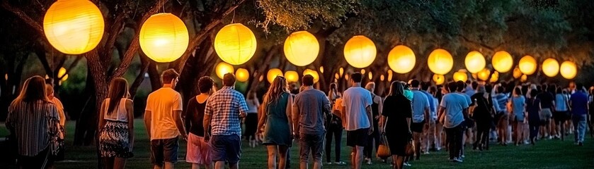 Fototapeta premium People Walking Through a Park with Lanterns.