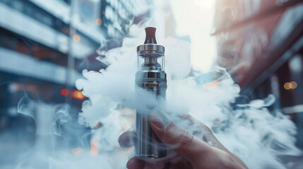 Close-Up of a Hand Holding a Vape Device in an Urban Evening Setting. Concept of Modern Lifestyle, Technology, and Relaxation