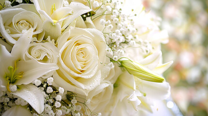 Obraz premium Elegant Wedding Bouquet Close-Up with White Roses and Baby's Breath Flowers. Concept of Wedding Beauty, Floral Elegance, Romantic Celebrations. Copy space