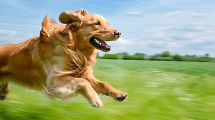 Energetic Dog Sprinting Across a Sunny Field Demonstrating Speed, Agility, Cute Doggy, and Freedom in Motion. Copy space