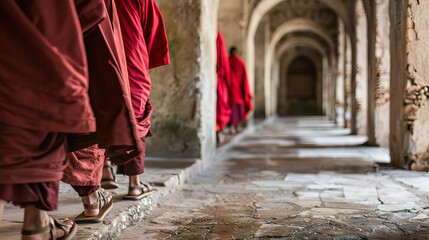 Buddhist Monks in Red Robes Walking Through Ancient Monastery Corridor. Concept of Spiritual Journey, Historical Exploration, Cultural Heritage