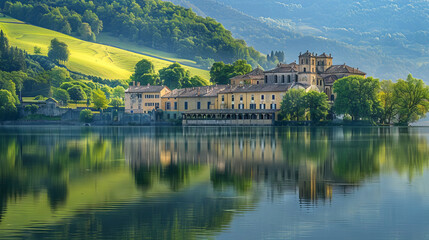 Obraz premium Tranquil Monastery Reflected in a Serene Lake Amidst Lush Green Hills Under Soft Sunlight at Dawn