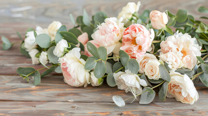 Elegant Wedding Bouquet with Soft Pink and White Roses on Wooden Table. Concept of Romantic Floral Arrangements, Rustic Wedding Decor, and Natural Elegance. Copy space