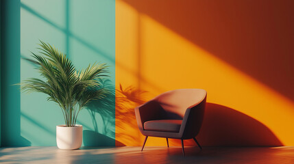 Bright interior with orange and teal accents, featuring a cozy chair and potted plant






