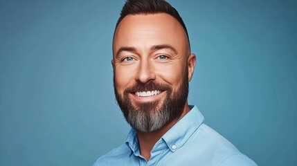Portrait of a successful, bearded man with a warm smile and confident expression, exuding charisma and leadership qualities.