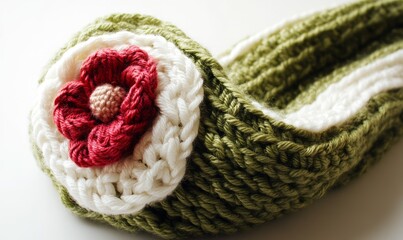 A knitted green and white scarf with a red flower on it