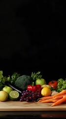 A variety of fresh vegetables and fruits on a wooden board, including lettuce, broccoli, bell peppers, tomatoes, limes, oranges, red onion, and green salad leaves, surrounded by other colorful vegetab