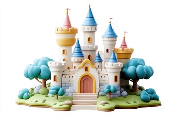Colorful cartoon castle with towers and trees, white isolated background.