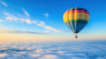 Fototapeta premium Hot Air Balloon Soaring Above the Clouds: A vibrant hot air balloon gracefully floats through a breathtaking sky, casting a long shadow on the fluffy white clouds below.