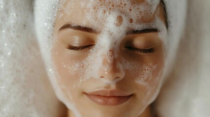 Close-up of a woman's face covered in foamy facial cleanser with eyes closed. Skincare and beauty routine.