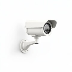 White security camera mounted on a wall, isolated on a white background.
