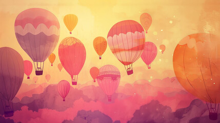 Fototapeta premium Whimsical Watercolor Illustration of Hot Air Balloons in a Vibrant Sky. Concept of Adventure, Freedom, Scenic Beauty