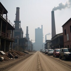 Fototapeta premium Industrial landscape covered in haziness and smog due to air pollution