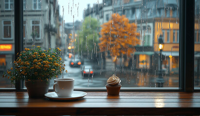Cozy Cafe Mockup with Rainy Street View and Wooden Table Setup