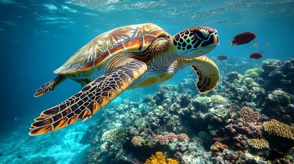 Fototapeta premium Turtle swimming over coral reef underwater
