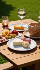 Outdoor picnic featuring white wine cheese and charcuterie spread