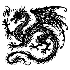 Fototapeta premium Black and white illustration of a dragon breathing fire. Stylized vector artwork isolated on white background. Design for tattoos, posters, and prints