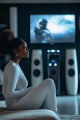 Naklejka premium Young adult African American woman enjoying a high-tech home entertainment system in a sleek, modern living room with futuristic gadgets.