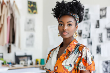 Fototapeta premium Young adult Black female fashion designer confidently standing in her creative workspace, filled with sketches and tools, with a clean white background highlighting her style.