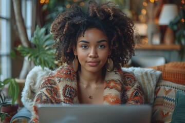 Cheerful woman enjoys browsing the internet from her cozy apartment sofa with a bright smile