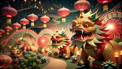 Lantern festival with large dragon statues and glowing lights