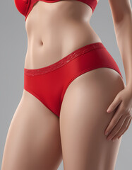 Woman in red underwear posing with backside visible.