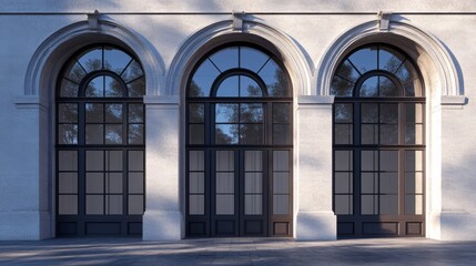Grand entryway to edifice with triple arched windows