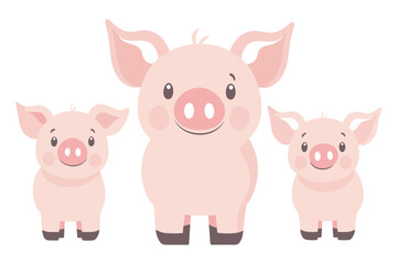 Illustration of three cartoon piglets standing side by side. Cute vector art isolated on a white background. Design for children’s prints, posters, and greeting cards.