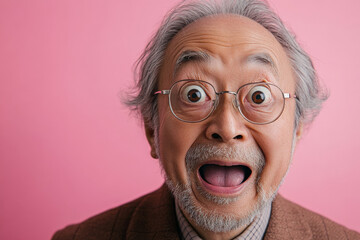 Close-up of a middle-aged Japanese granddad with big, round eyes full of excitement and curiosity, set against a soft pink background.