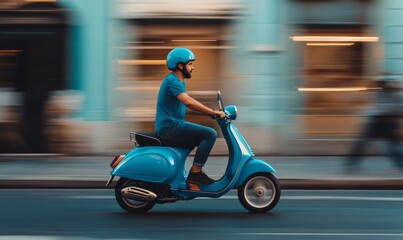 Fototapeta premium A man in a blue shirt is riding a blue scooter