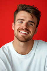 Obraz premium Smiling young adult Caucasian man, with stubble and casual wear, bright red background, capturing joyful energy for a social media avatar.
