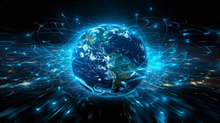 3D Earth with data lines illustrating global communication technology and blockchain
