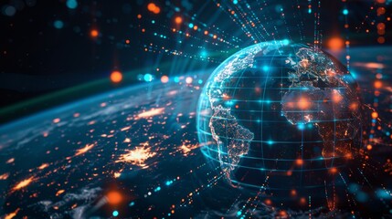 Obraz premium 3D Earth with data lines illustrating global communication technology and blockchain