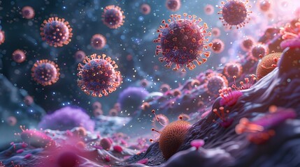 Fototapeta premium 3D visualization of coronavirus particles in a cellular environment, showing detailed virus morphology