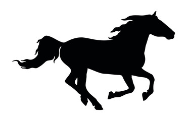 Silhouette of a running horse. Solid black vector silhouette of a horse in motion, isolated on a white background. Speed and freedom concept. Design for logos, posters, and prints.