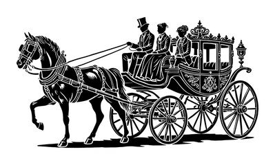 Fototapeta premium Horse-drawn carriage with passengers. Black and white vector illustration of a horse-drawn carriage with people in Victorian attire, isolated on a white background. Vintage and historical transportati
