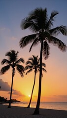 Palm-lined sunset beach scene landscape illustrative