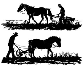 Farmers plowing fields with horses. Black and white vector illustration of two farmers plowing fields with horses, isolated on a white background. Agriculture and traditional farming concept. Design f