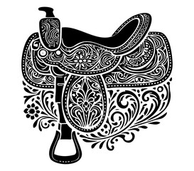Decorative western saddle with intricate patterns. Black and white vector illustration of a highly detailed western saddle, isolated on a white background. Horse riding and cowboy culture concept. Des