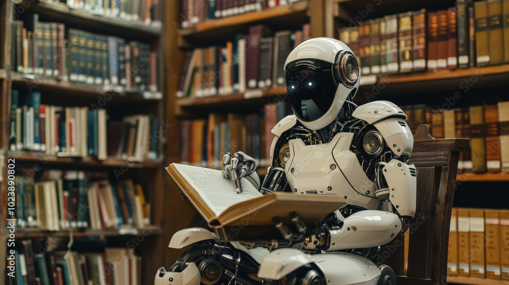 Poster robot is sitting in a library reading a book. the robot is white and has a human-like face. the robo