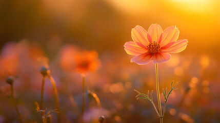 Beautiful floral close-up at sunset with soft pastel colors highlighting a blooming flower in a vibrant field